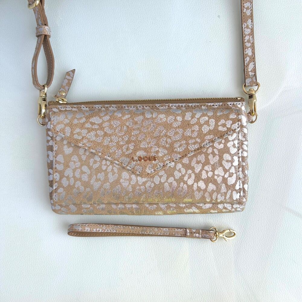 Lodis Wristlet / Crossbody Leather Access. Bag Purse Silver & Tan Animal print - Picture 3 of 10